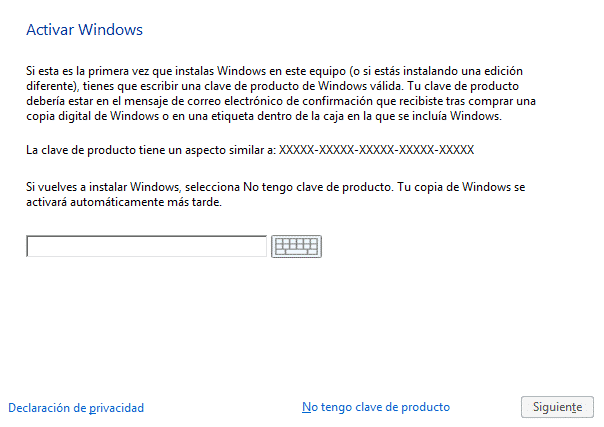 Activar Windows 10 durante la instalación