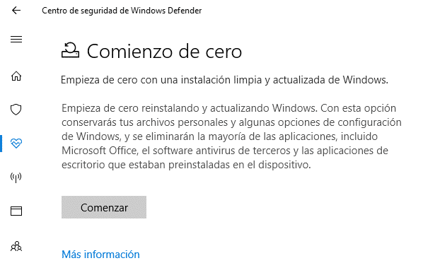 Comienzo de cero en Windows 10