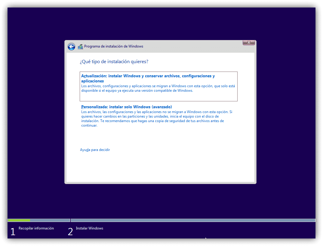 Tipo de instalación de Windows 10